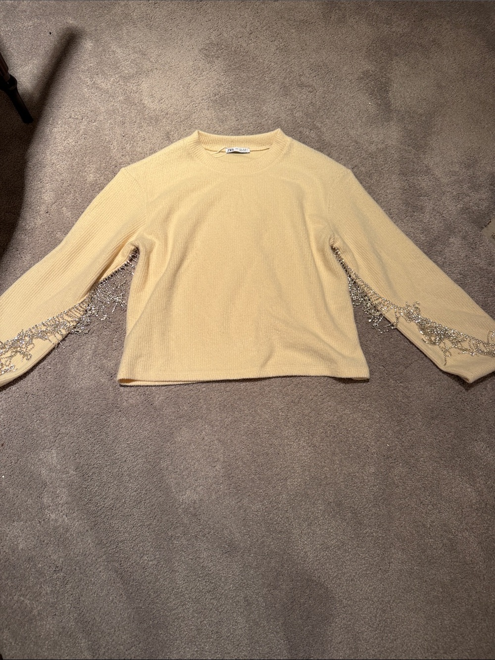 Zara Pale Yellow Crewneck Sweater with Beaded Sleeve Trim